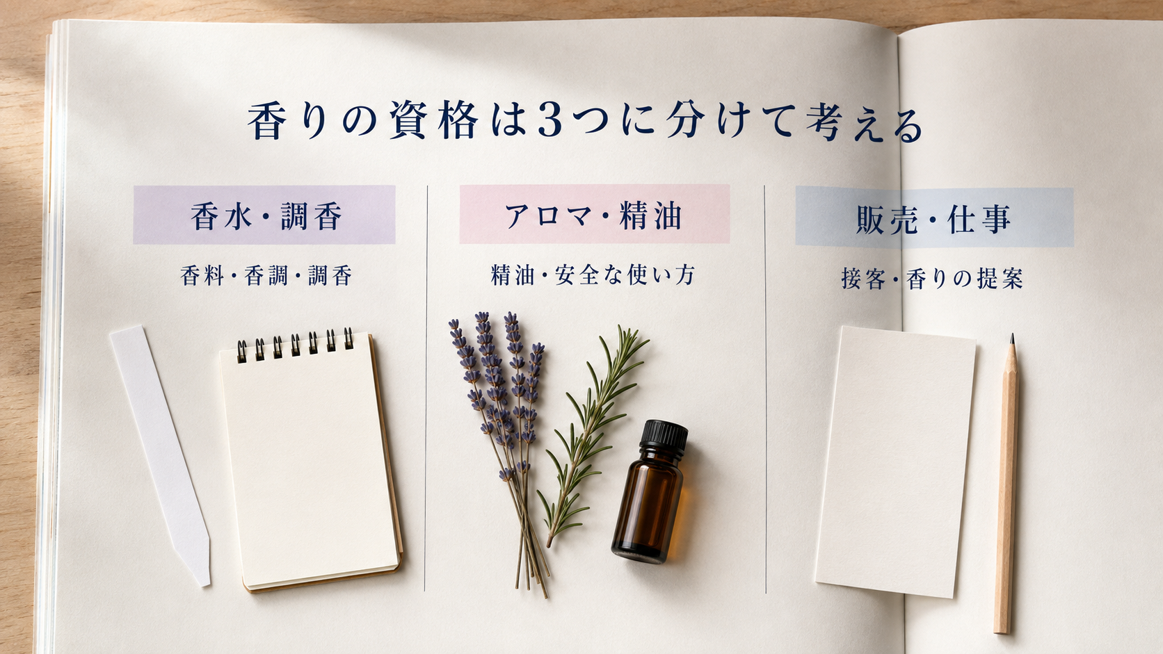 香水・調香、アロマ・精油、販売・仕事の3分野に香りの資格を分類した図