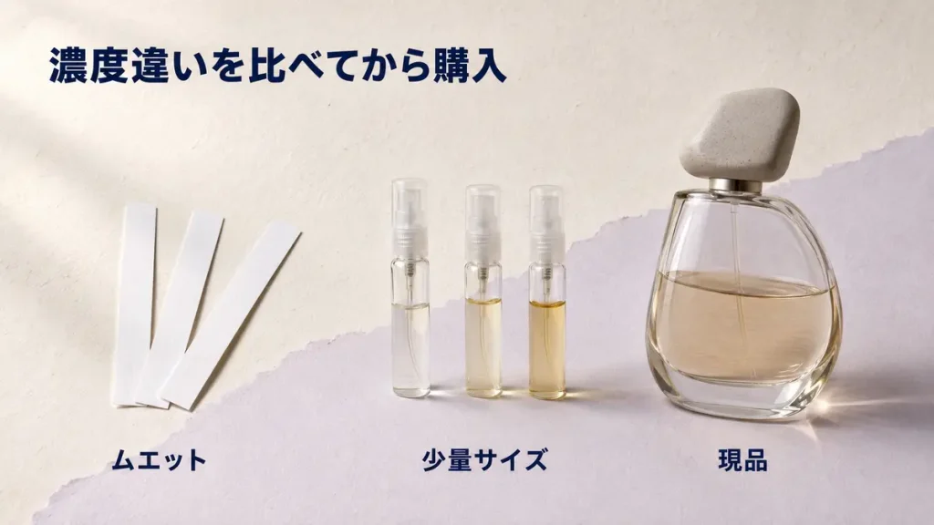 複数の試香用ムエットと小型アトマイザーから現品を比較するイメージ