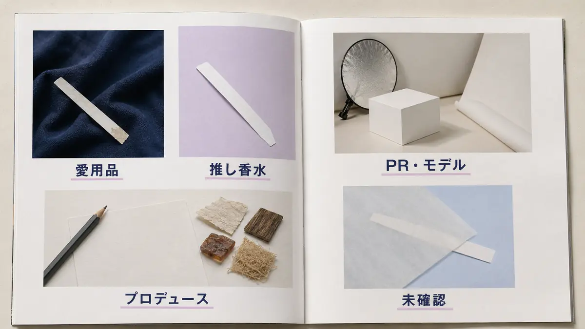 愛用品・推し香水・PR・モデル・プロデュース・未確認の5つの証拠区分
