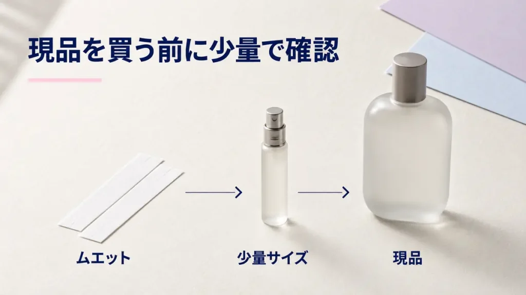 ムエット、少量サイズ、現品の順に香水を確認する購入方法