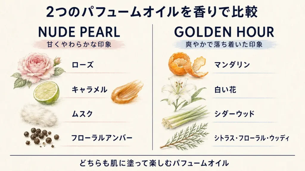 NUDE PEARLとGOLDEN HOURの香りの違いを比較した図解