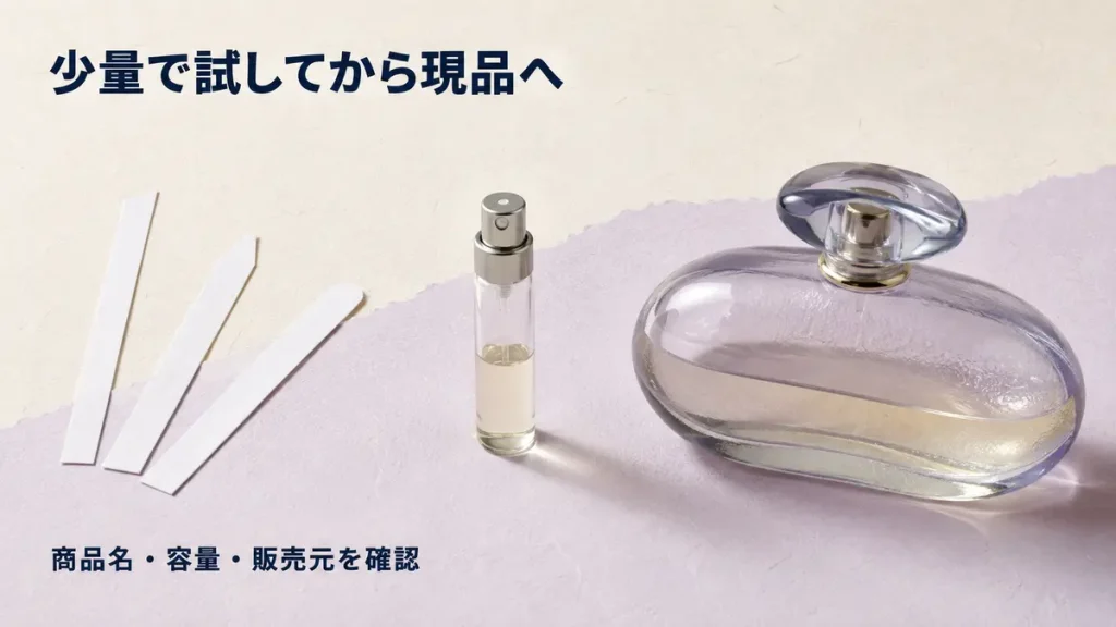 ムエット、少量アトマイザー、現品サイズの順で香水を確認する購入方法