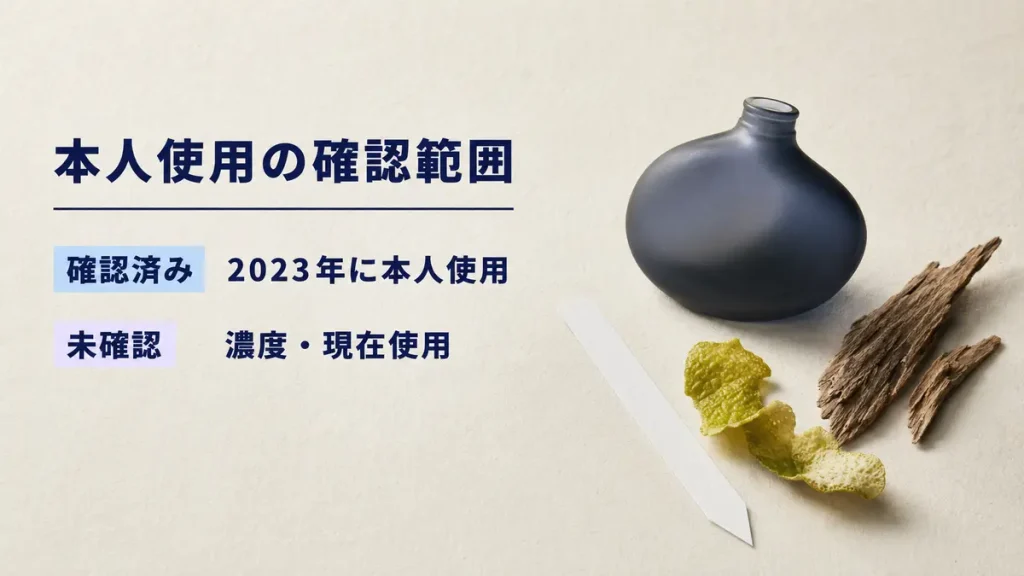 2023年の本人使用は確認済みだが濃度と現在使用は未確認であることを示した画像