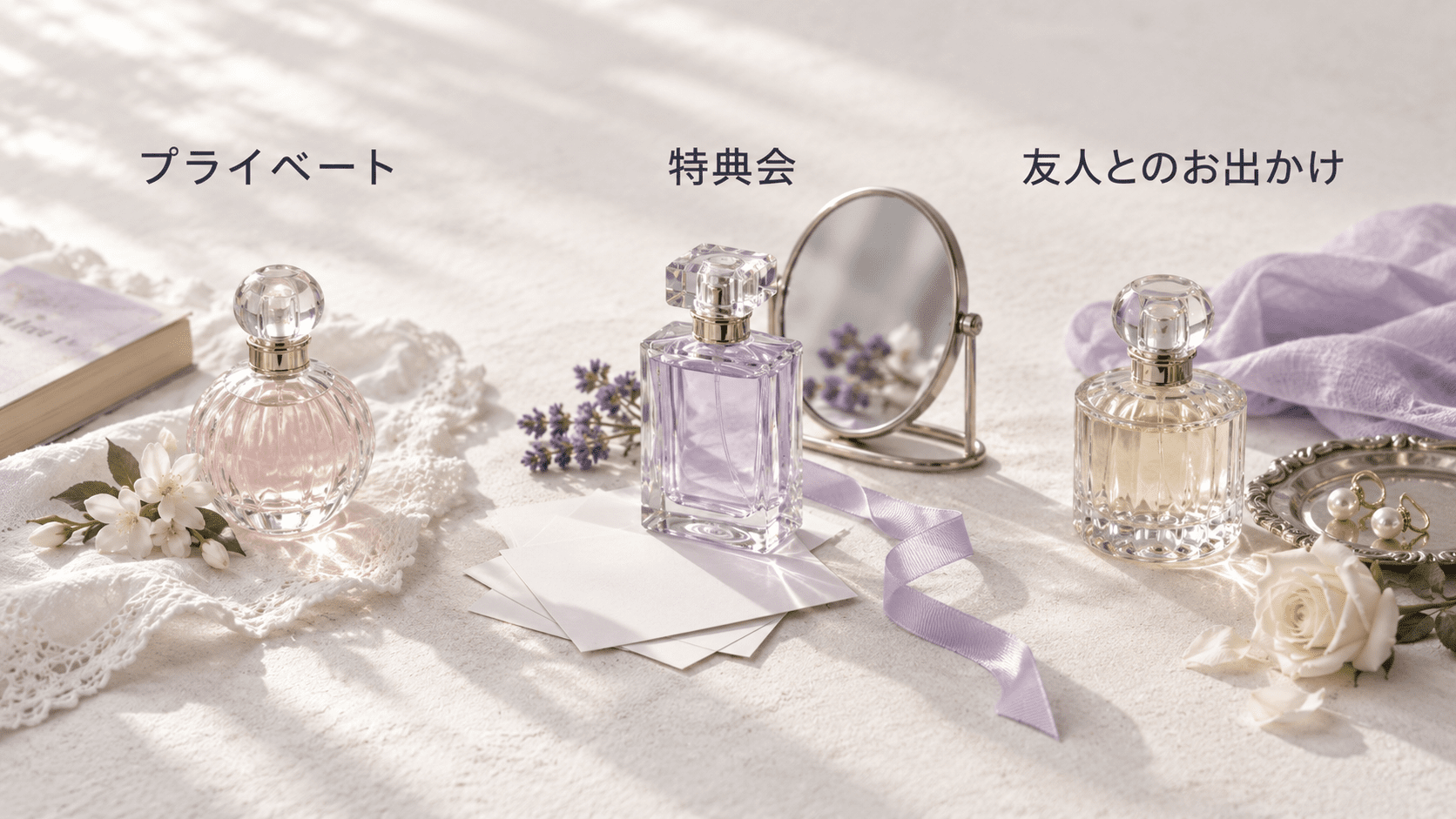 プライベート・特典会・友人との外出という3つの香水使用場面を静物で表現した画像