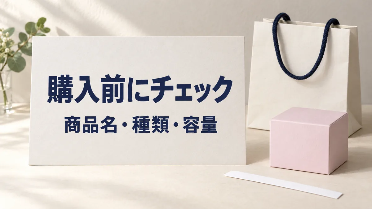 「購入前にチェック」「商品名・種類・容量」と印刷したカード、濃紺の持ち手の紙袋、紙箱と試香紙