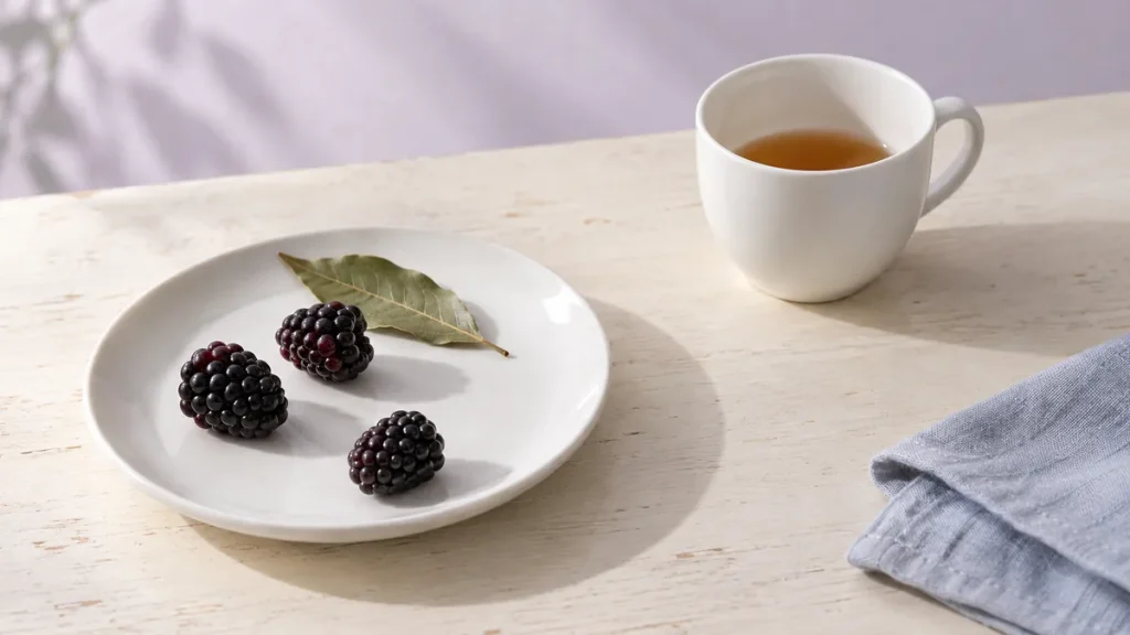 小皿のブラックベリーと月桂樹の葉、少量の紅茶を入れた白いカップ