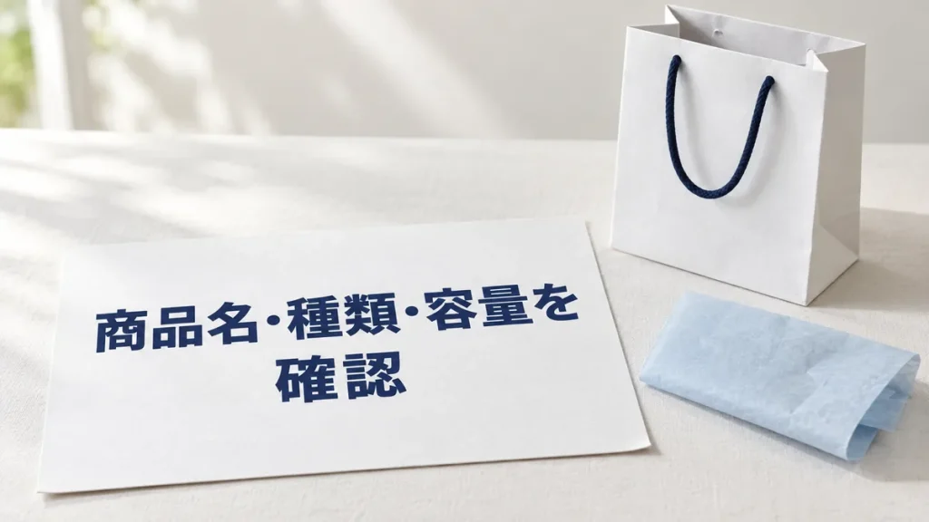 商品名・種類・容量の確認文を印刷したカードと、小さな無地の紙袋