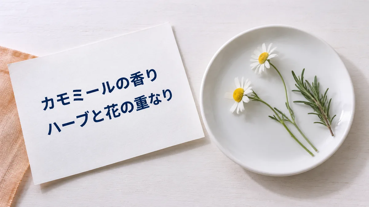 「カモミールの香り ハーブと花の重なり」と印刷した紙と、カモミール、ローズマリーの静物イメージ