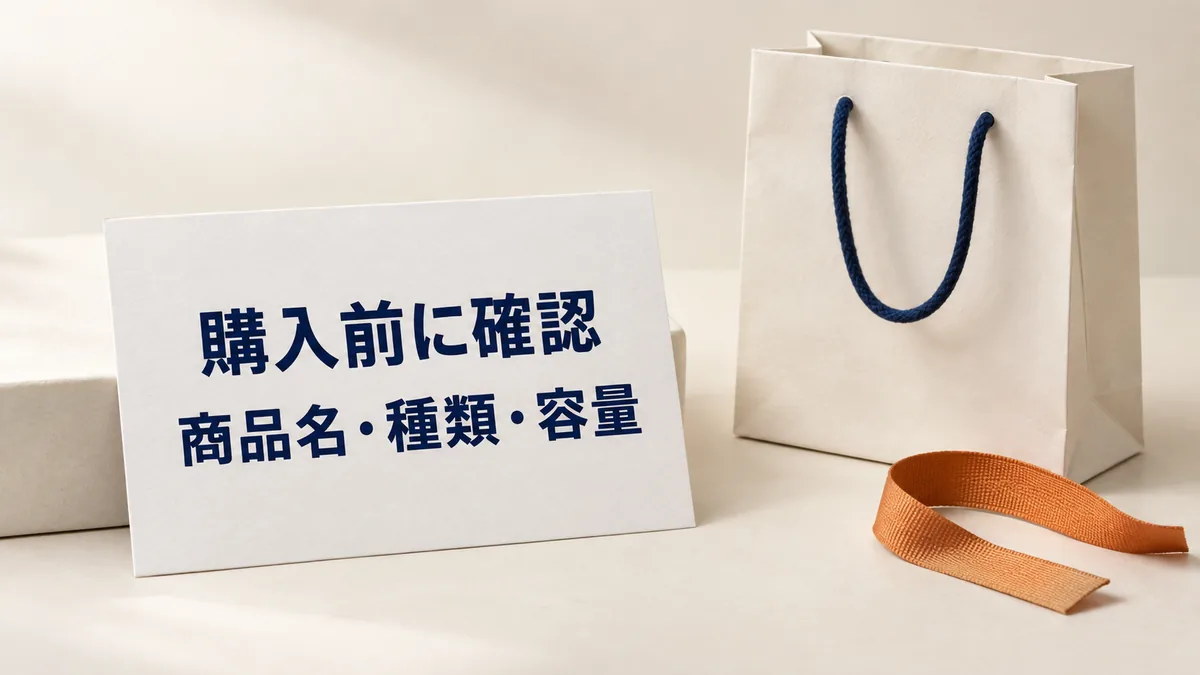 「購入前に確認 商品名・種類・容量」と印刷したカードと、無地の紙袋を置いた静物イメージ