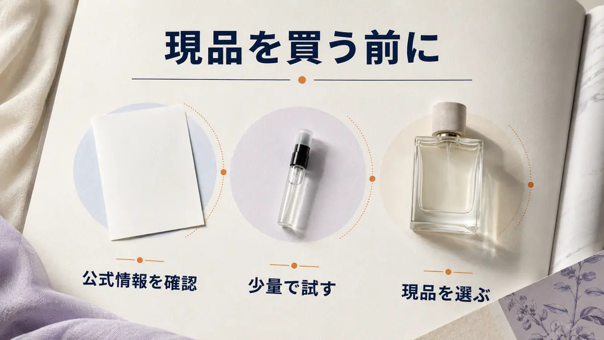 香水を少量で試してから現品を選ぶ流れ