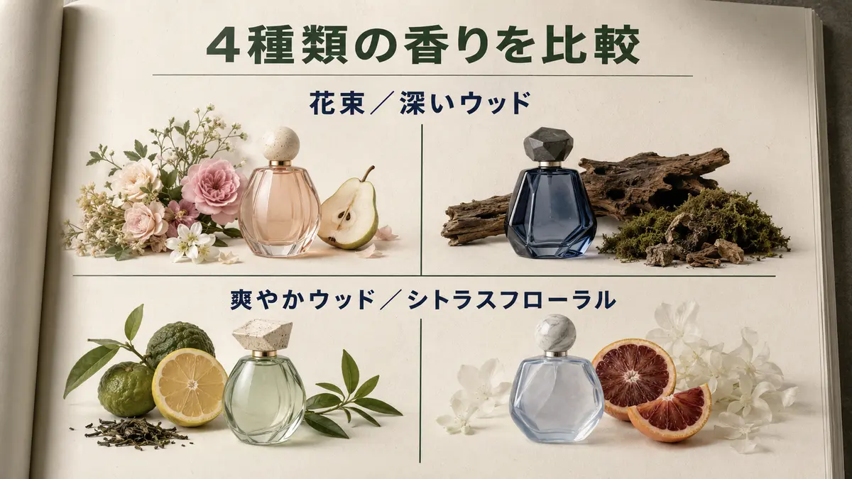 44の4種類を甘い花束、深いウッド、爽やかウッド、シトラスフローラルで比較した図