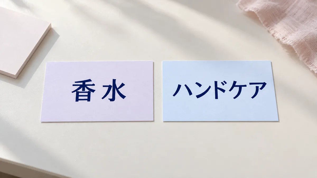 「香水」と「ハンドケア」と印刷した2枚の厚紙カードを淡色の机に並べた記事用の静物イメージ