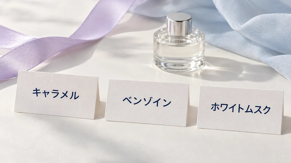 「キャラメル」「ベンゾイン」「ホワイトムスク」と印刷した3枚のカードを並べた静物イメージ