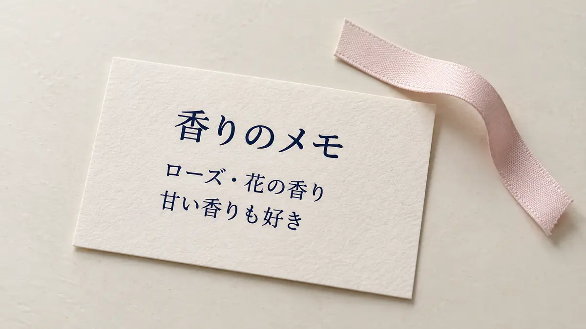 「香りのメモ」「ローズ・花の香り」「甘い香りも好き」と印刷した紙カードを、淡いピンクのリボンのそばに置いた静物イメージ