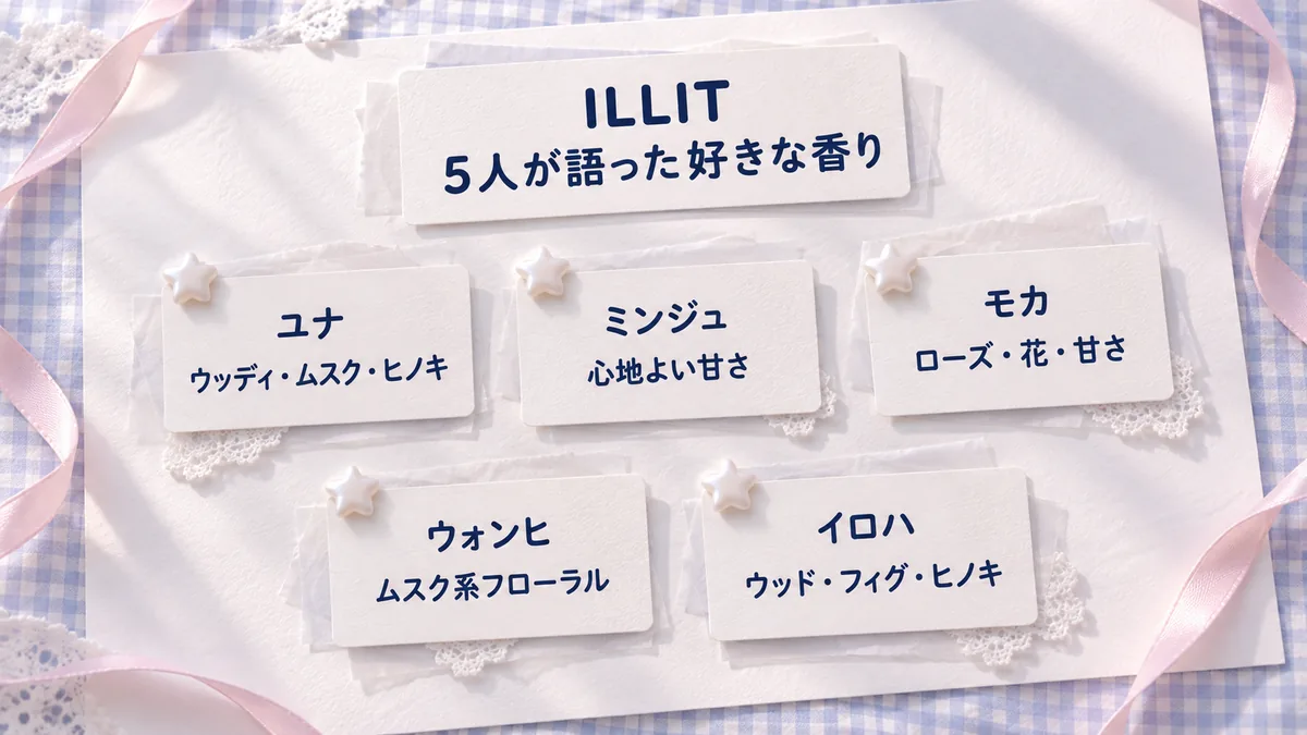 ILLIT5人の好きな香りを印刷した5枚のメモと、透ける紙、リボン、星形ビーズを並べた編集用静物イメージ